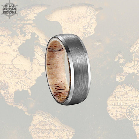 Image of Beveled Deer Antler Ring Mens Wedding Band Silver Tungsten Ring 8mm Nature Wedding Band - Atlas Artisan Designs