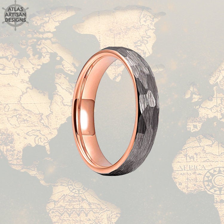 Thin Rose Gold Ring Womens Wedding Band Tungsten Ring, 6mm Hammered Ring, 18K Rose Gold Wedding Band Mens Ring Norse Ring, Couples Ring Set - Atlas Artisan Designs