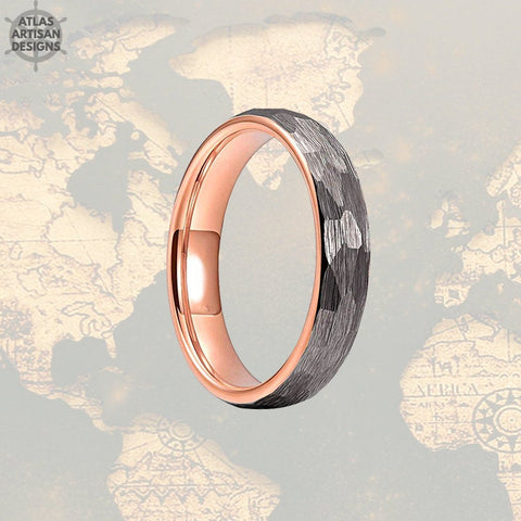Image of Thin Rose Gold Ring Womens Wedding Band Tungsten Ring, 6mm Hammered Ring, 18K Rose Gold Wedding Band Mens Ring Norse Ring, Couples Ring Set - Atlas Artisan Designs
