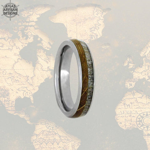 Image of 6mm Whiskey Barrel Ring Mens Wedding Band Tungsten Ring Deer Antler Ring Tungsten Wedding Band Mens Ring, Wood Wedding Band Mens Nature Ring - Atlas Artisan Designs