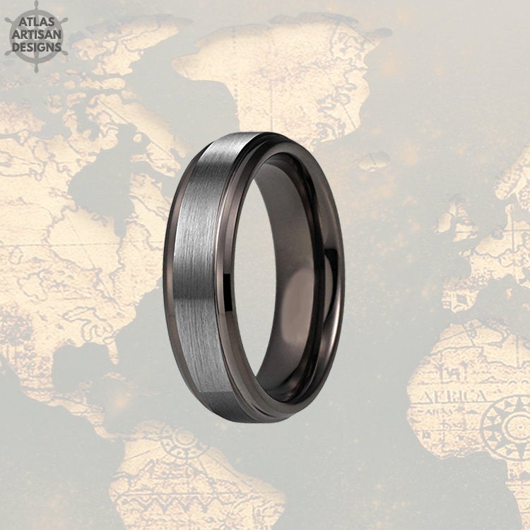 6mm Gunmetal Ring Mens Wedding Band Tungsten Ring, Unique Silver Ring Male Wedding Band Couples Ring Set Tungsten Wedding Bands Women Ring - Atlas Artisan Designs