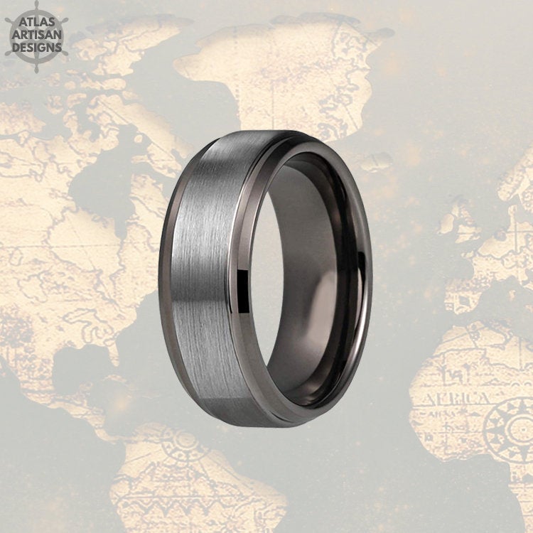 Step Edges Gunmetal Ring Mens Wedding Band Tungsten Ring, Male Wedding Band Silver Couples Ring Set Tungsten Wedding Band Mens Promise Ring - Atlas Artisan Designs